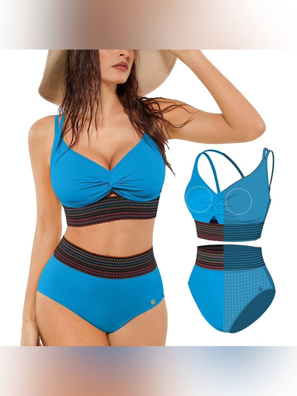 Popilush Boho Trim High Waist Tummy Control Bikini Set
